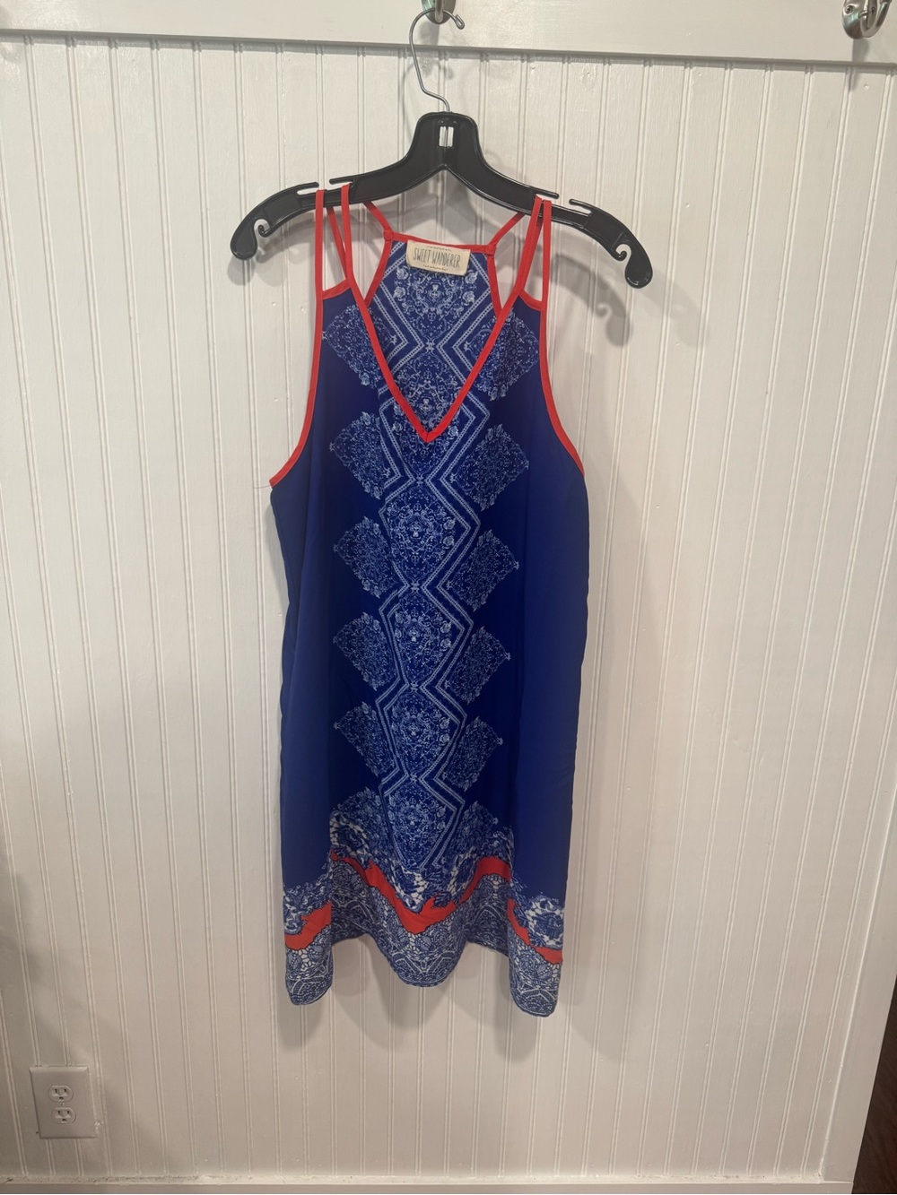 Sweet Wanderer Blue Bandana Print Mini Dress with Red Trim